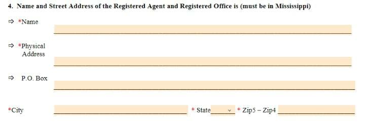 Registered Agent in Mississippi Form with Name and Address