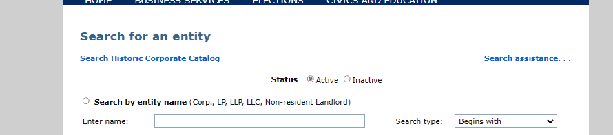 Rhode Island Business Entity Search Form