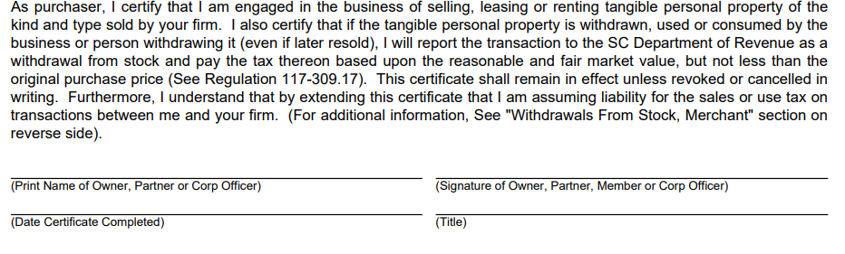 South Carolina Resale Certificate Form