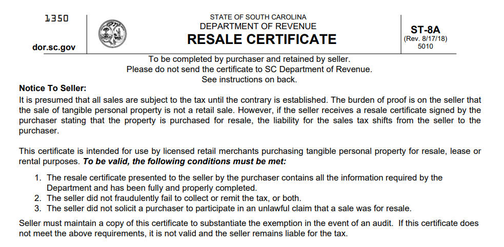 South Carolina Resale Certificate