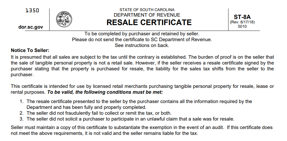 How To Get A Resale Certificate In South Carolina Step By Step Business 0091