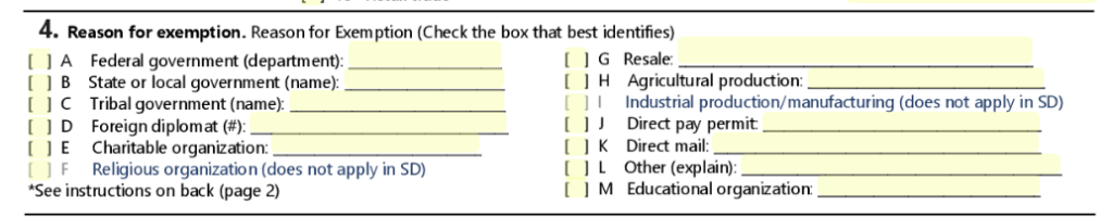 South Dakota Certificate of Exemption Form