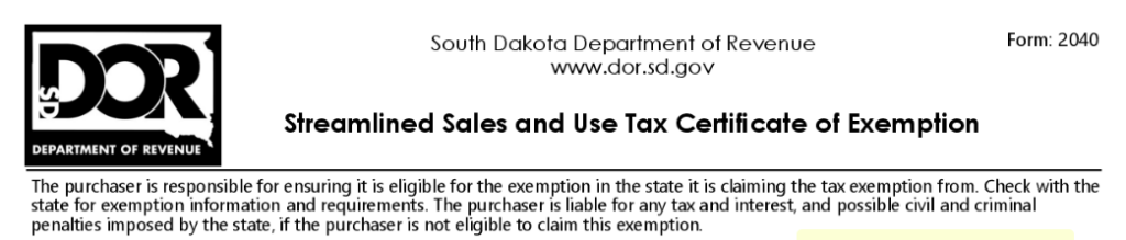 South Dakota Certificate of Exemption