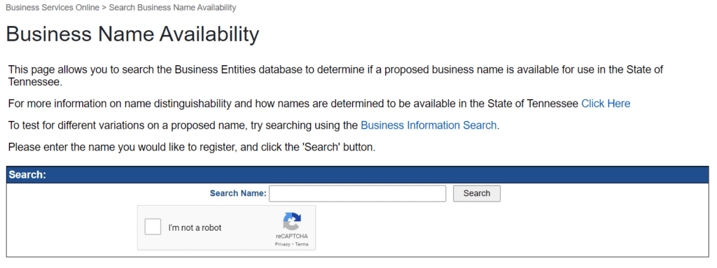 Tennessee Business Name Availability Search