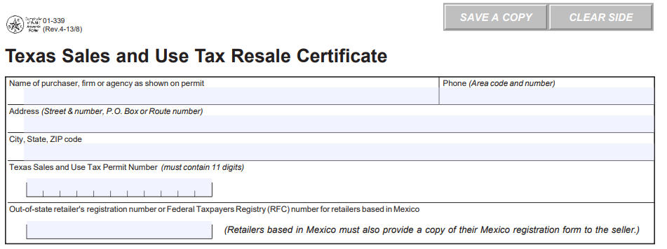 Texas Resale Certificate Form