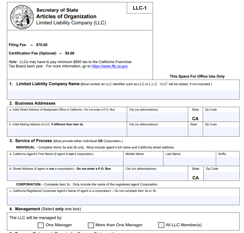 Articles of Organization in California online form