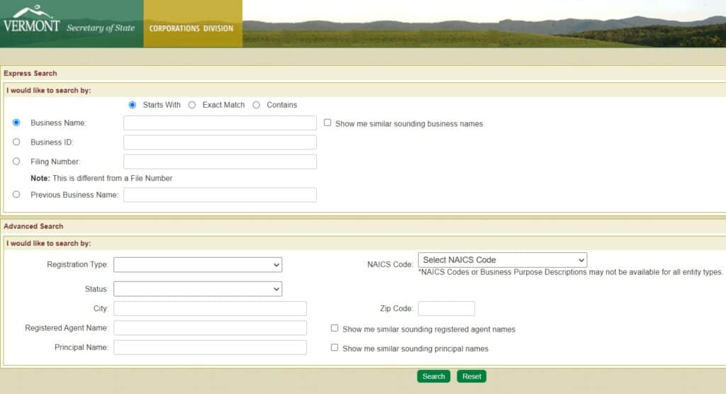 Vermont Business Name Search Form