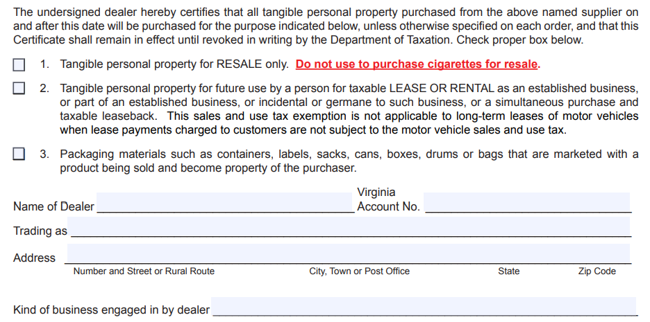 Virginia Certificate of Exemption Form