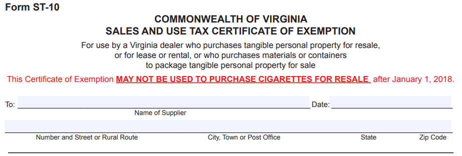 Virginia Sales and Tax Certificate of Exemption