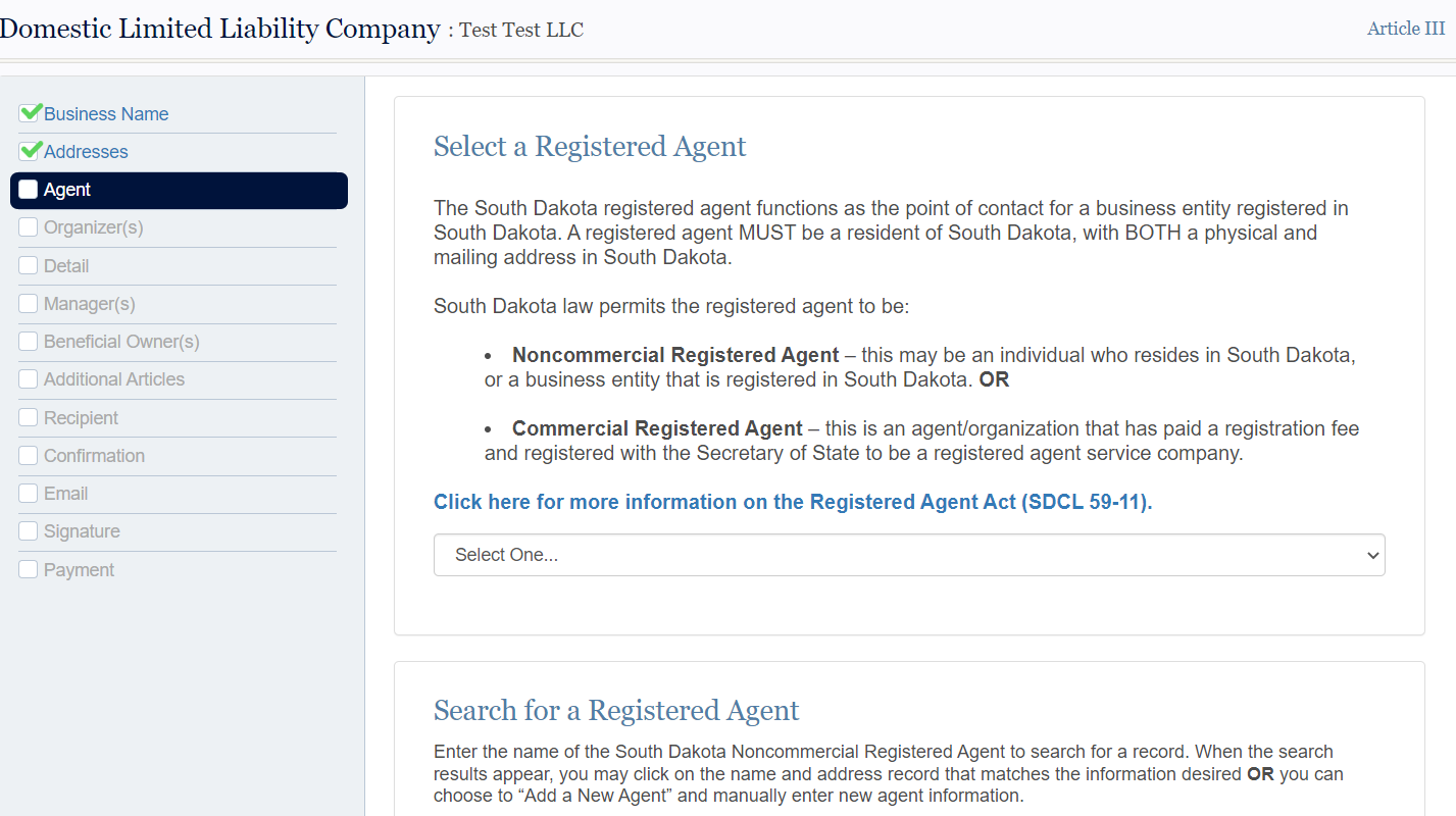 South Dakota Registered Agent for an LLC