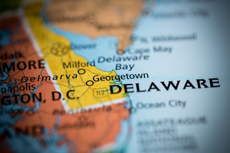 closeup view delaware state map, usa