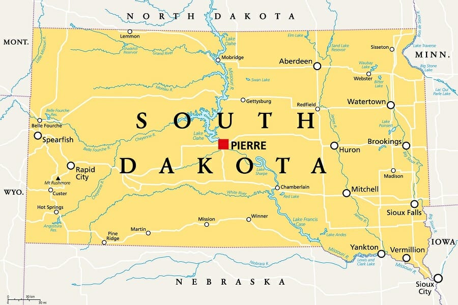 closeup view map of south dakota, usa