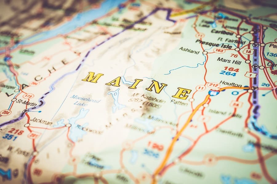 closeup view state map of maine, usa