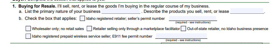 Idaho Certificate of Resale Form