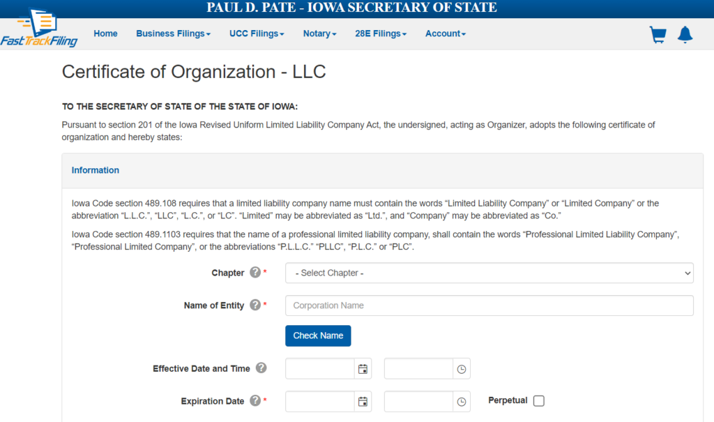 Filing Certificate of Organization in Iowa Online