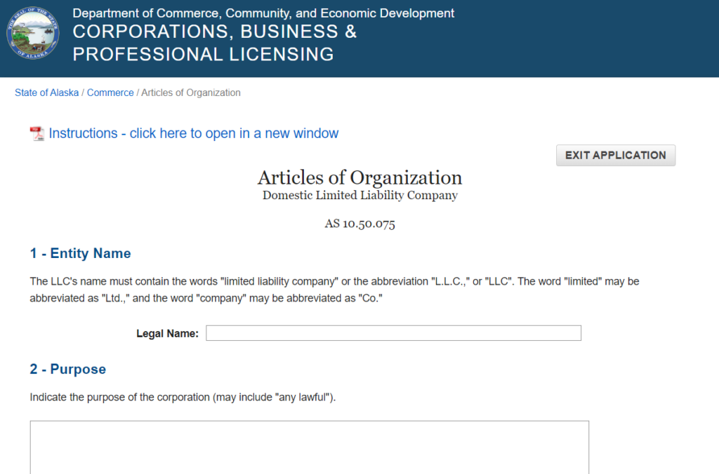 Articles of Organization in Alaska online form