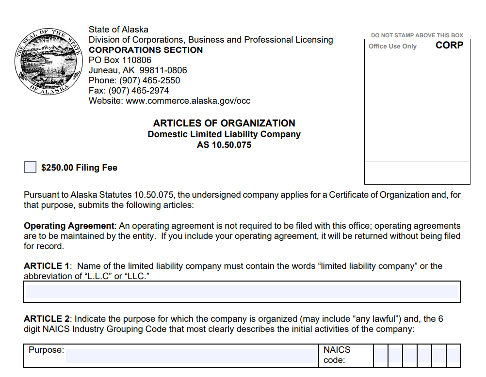 Articles of Organization Form for Alaska