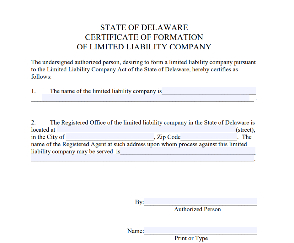 Certificate of Formation in Delaware for LLC