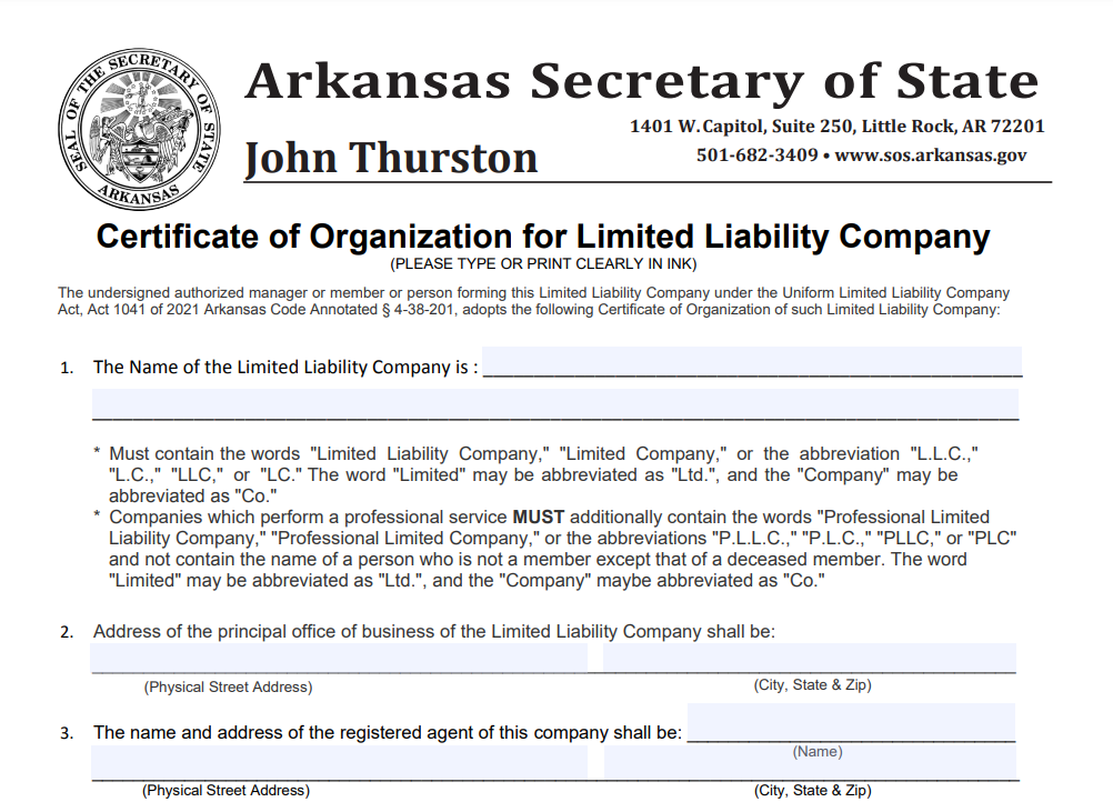 Certificate of Organization in Arkansas for LLC online form