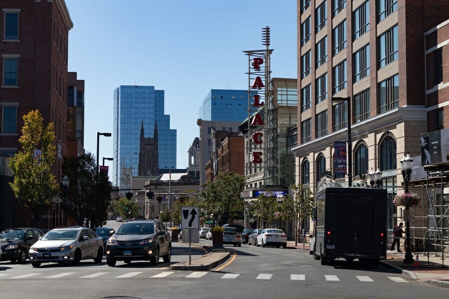 streetview with buildings of downtown connecticut, usa