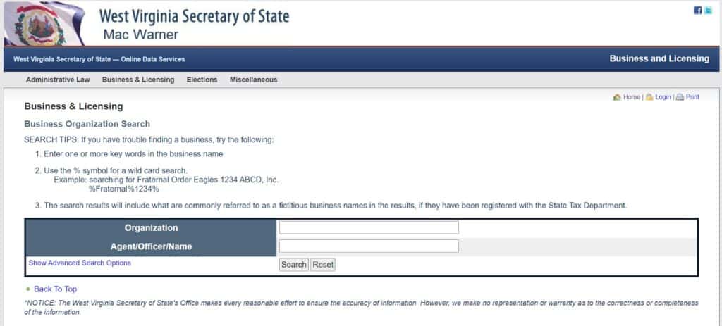 West Virginia Business Organization Search Form