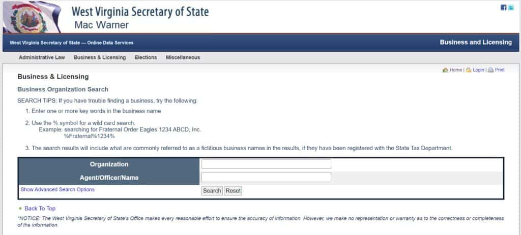West Virginia Business Entity Search