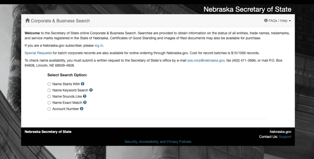 Nebraska Business Entity Search